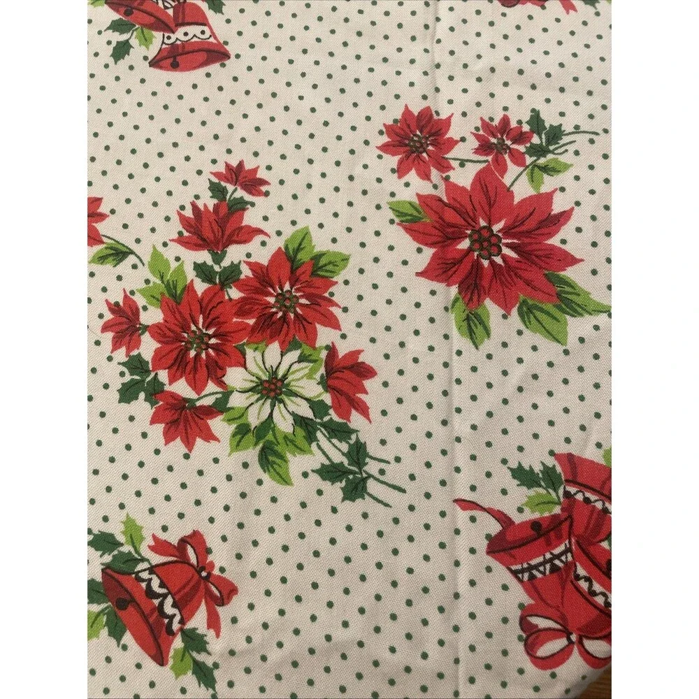 Vtg Christmas Tablecloth White w/ Red Poinsettia & Bells Green Polka Dots 58x81”